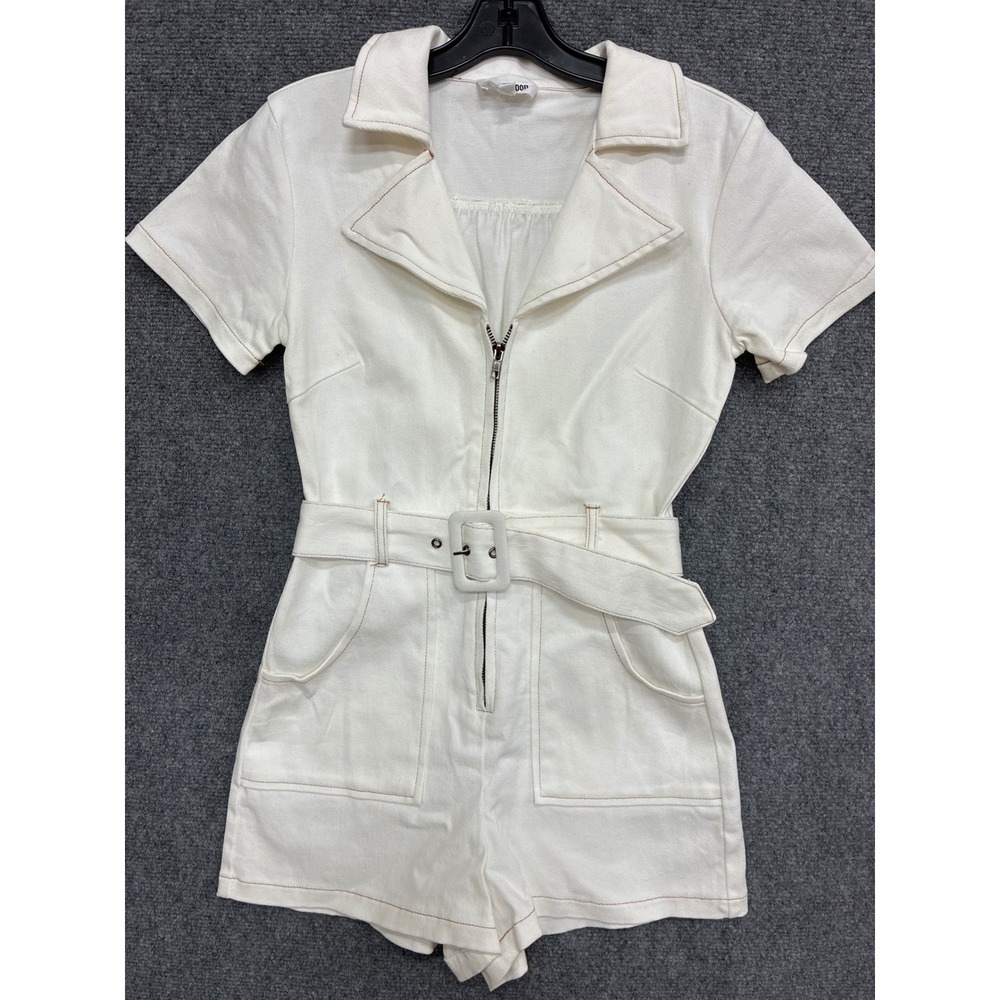 White Belted Short-Sleeve Romper Jumpsuit